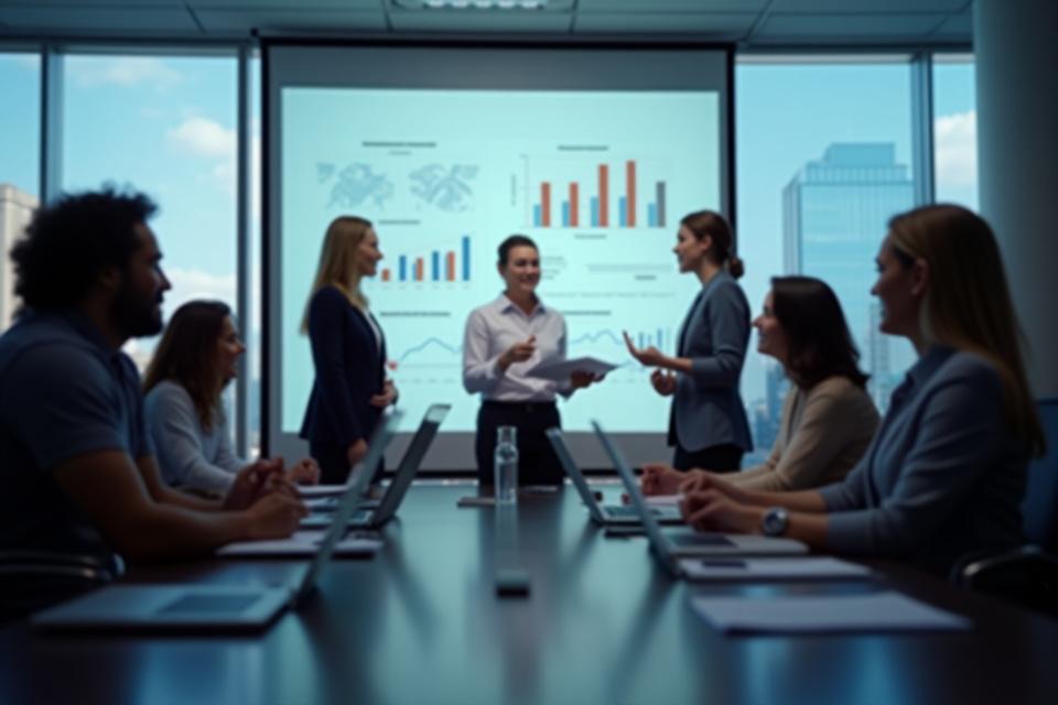 Professionals in a modern, brightly lit office engaging in a corporate financial wellness workshop, lead by an instructor, fostering collaboration and learning.