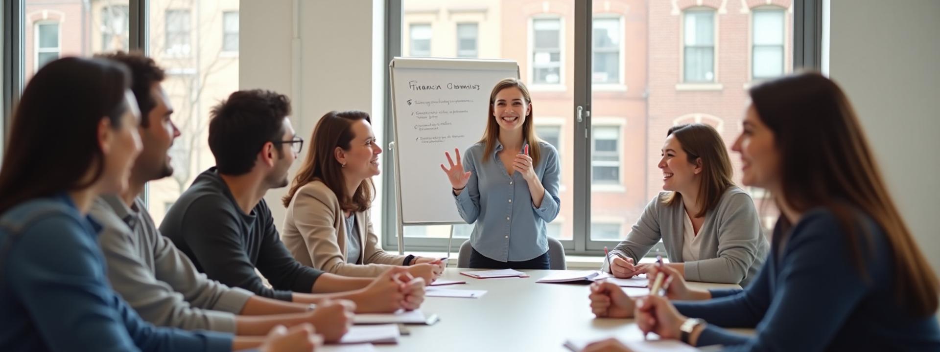 Diverse group of Bostonians actively participating in a financial literacy workshop, smiling and engaged, with a friendly instructor guiding them.
