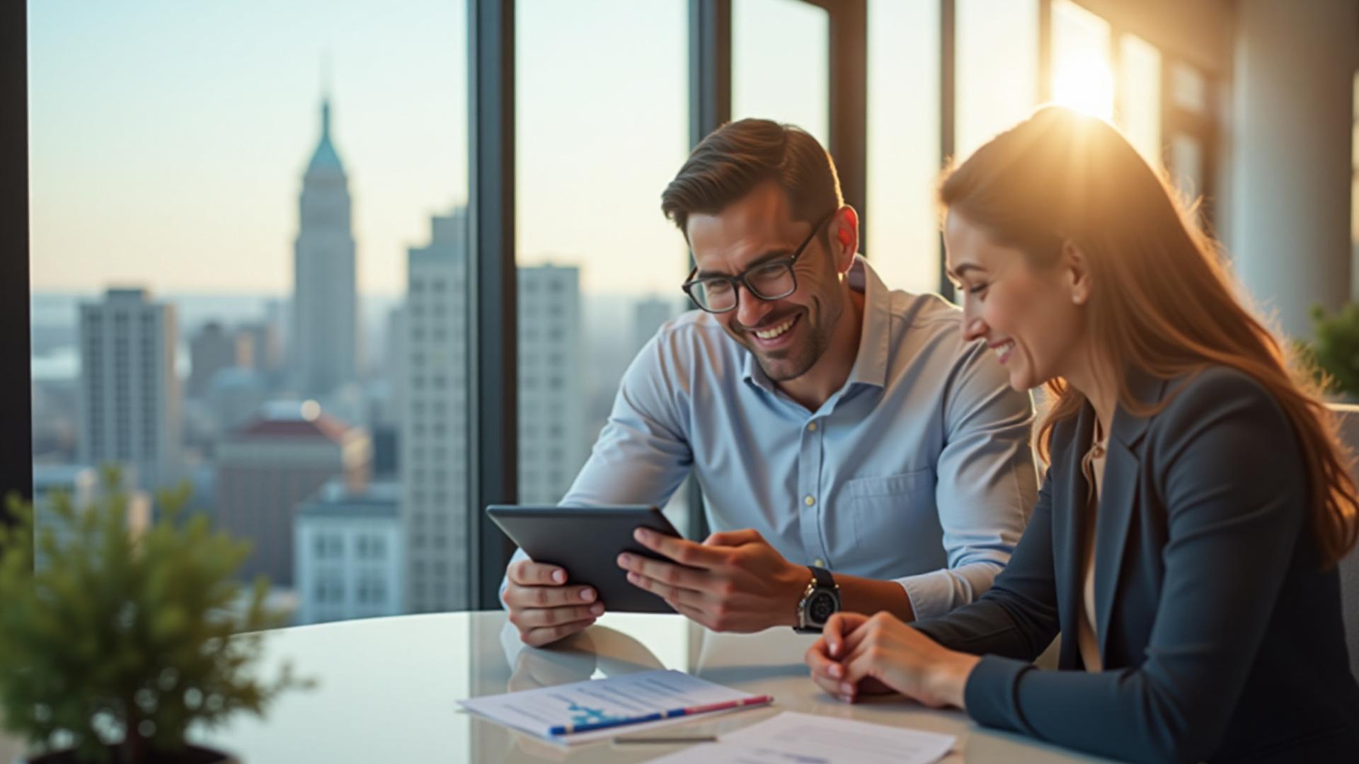 Financial advisor meeting with a client in a modern, sunlit office overlooking a subtle Boston cityscape