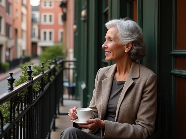 Smiling senior woman enjoying a cup of coffee on a balcony in Beacon Hill