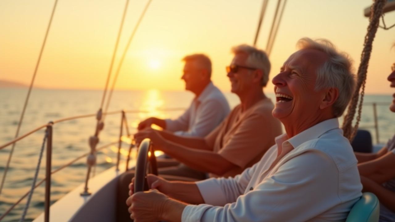 Happy, active diverse group of retirees enjoying life, sailing on a calm ocean at sunset, signifying freedom and financial security